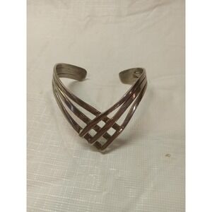 Vintage Silver Tone Chevron Lattice Cuff Bracelet Multi Strand V Shape Modernist